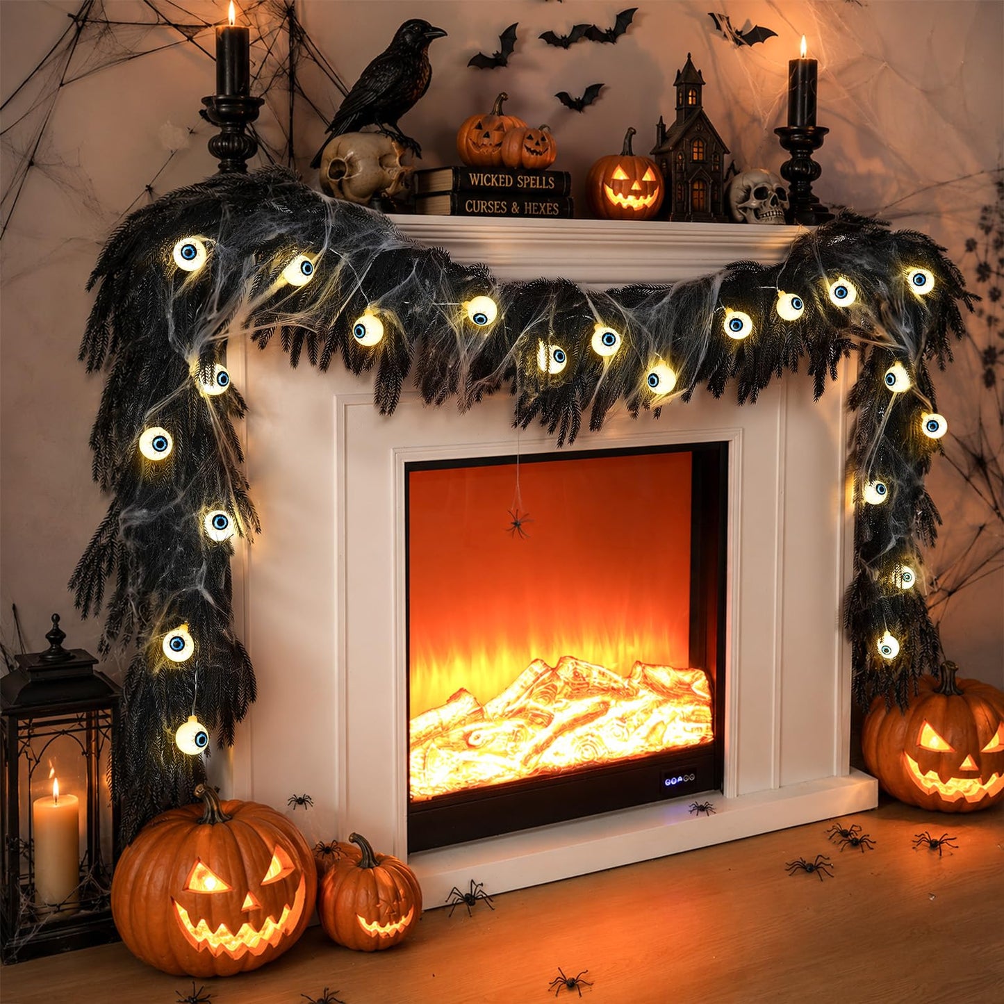 9FT Black Halloween Garland with Eyeball Light String Spider Cotton Spiders