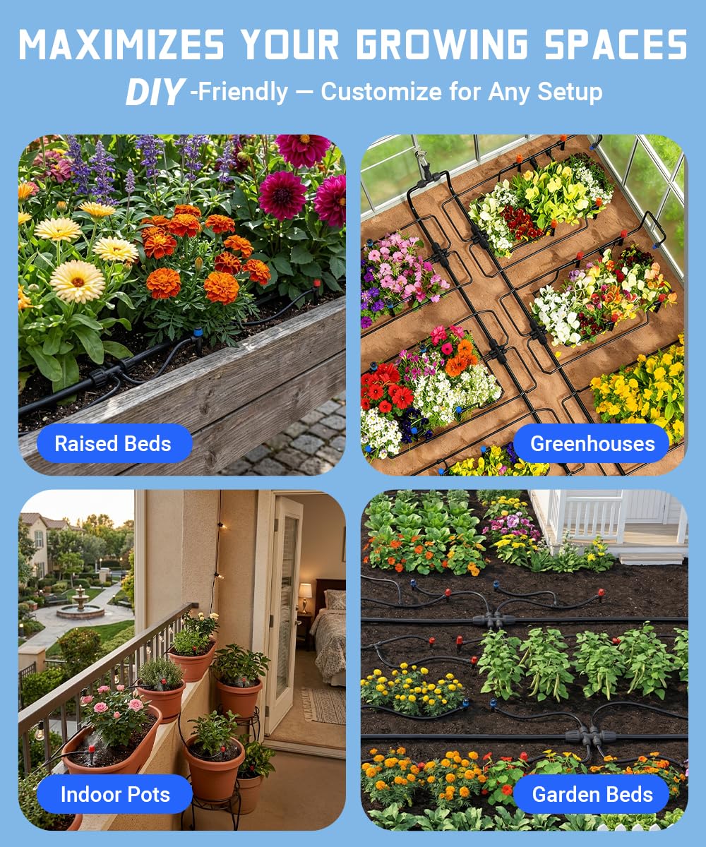 237FT Drip Irrigation System Kit with 40 Adjustable Nozzles for Garden Watering, Leak-Proof & Easy-Connect Irrigation Kit with 1/2" & 1/4" Tubing, for Greenhouse, Lawn, Indoor Pots (40FT + 197FT)