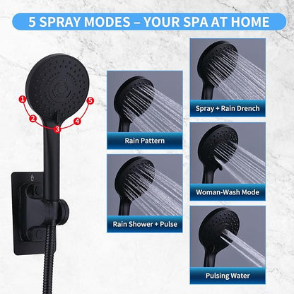 Peicuai Shower Head Combo, 10-Inch High-Pressure Rainfall Shower Head with 11-Inch Adjustable Extension Arm, 5-Setting Matte Black Handheld Shower with Long Hose, Powerful Spray for Low Water Pressure