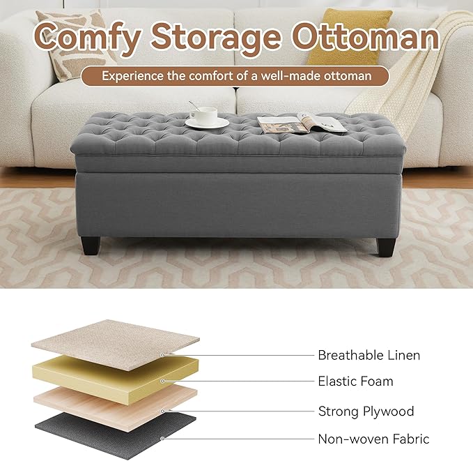 WUTUTUEE 51" Fabric Storage Ottoman Bench, Upholstered Rectangle End of Bed