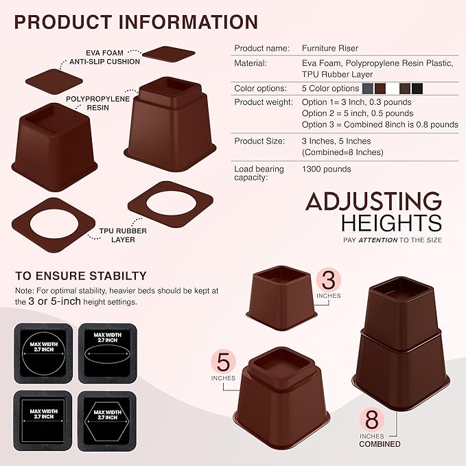 Utopia Bedding Bed Riser, 3 & 5 Inches Adjustable Furniture Risers