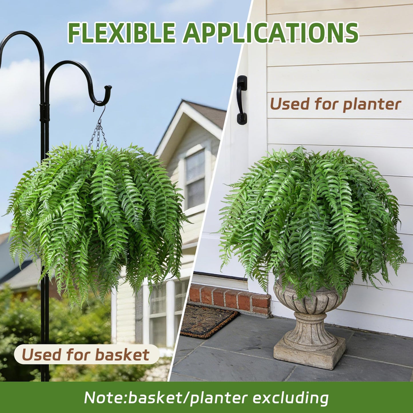 FancyPlus Artificial Plants Outdoor, UV Resistant Fake Fern Faux Plant Greenery for Outside Planter Patio Home Garden Decor 5 Branches (Basket Excluded)