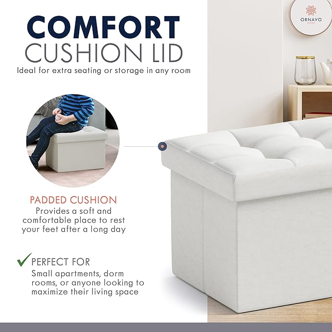 Ornavo Home Small Storage Ottoman Foldable Collapsible Rectangle Linen Ottoman