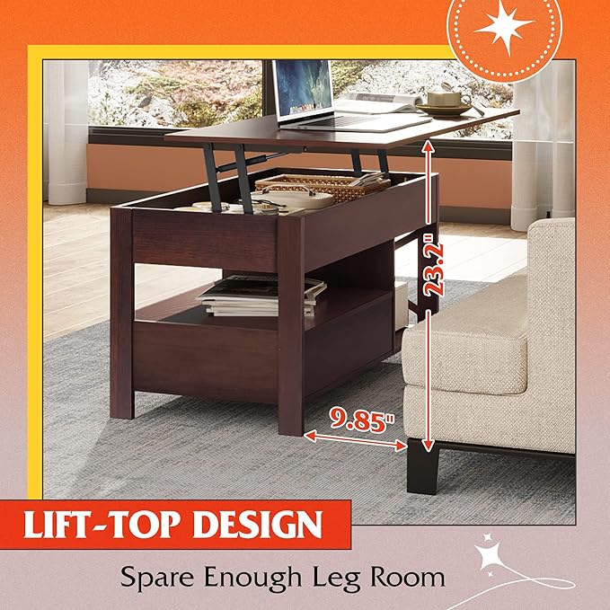 WLIVE Lift Top Coffee Table, Hidden Compartment, Wooden Lift Tabletop Center