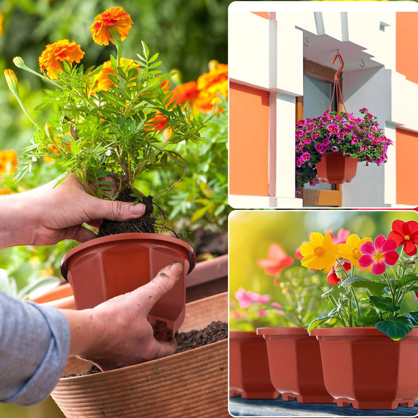 Roshtia 50 Pcs 5.1 inch Plastic Hanging Plant Pots with Hooks Flower Pots Baskets Outdoor Hanging Nursery Planter Holder for Home Garden Balcony Porch(Brown, 5.1 inch)