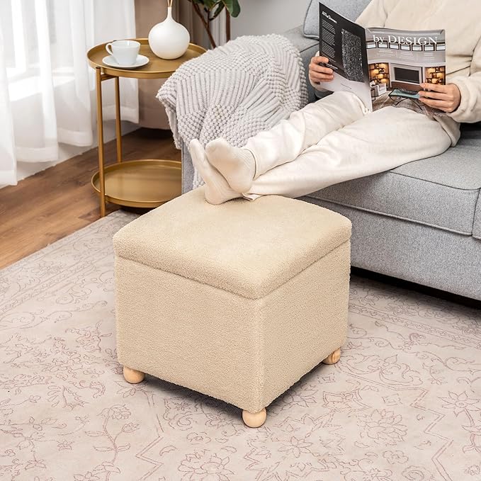 Adeco 17.3" Modern Oatmeal Teddy Velvet Storage Ottoman, Upholstered Cube Foot