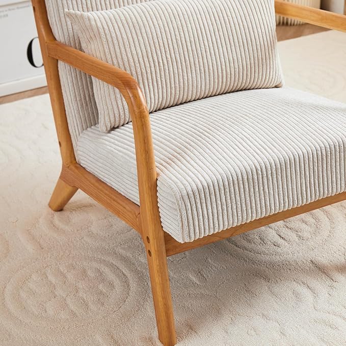Mid-Century Modern Accent Chair Beige Rubberwood Frame Living Room Bedroom