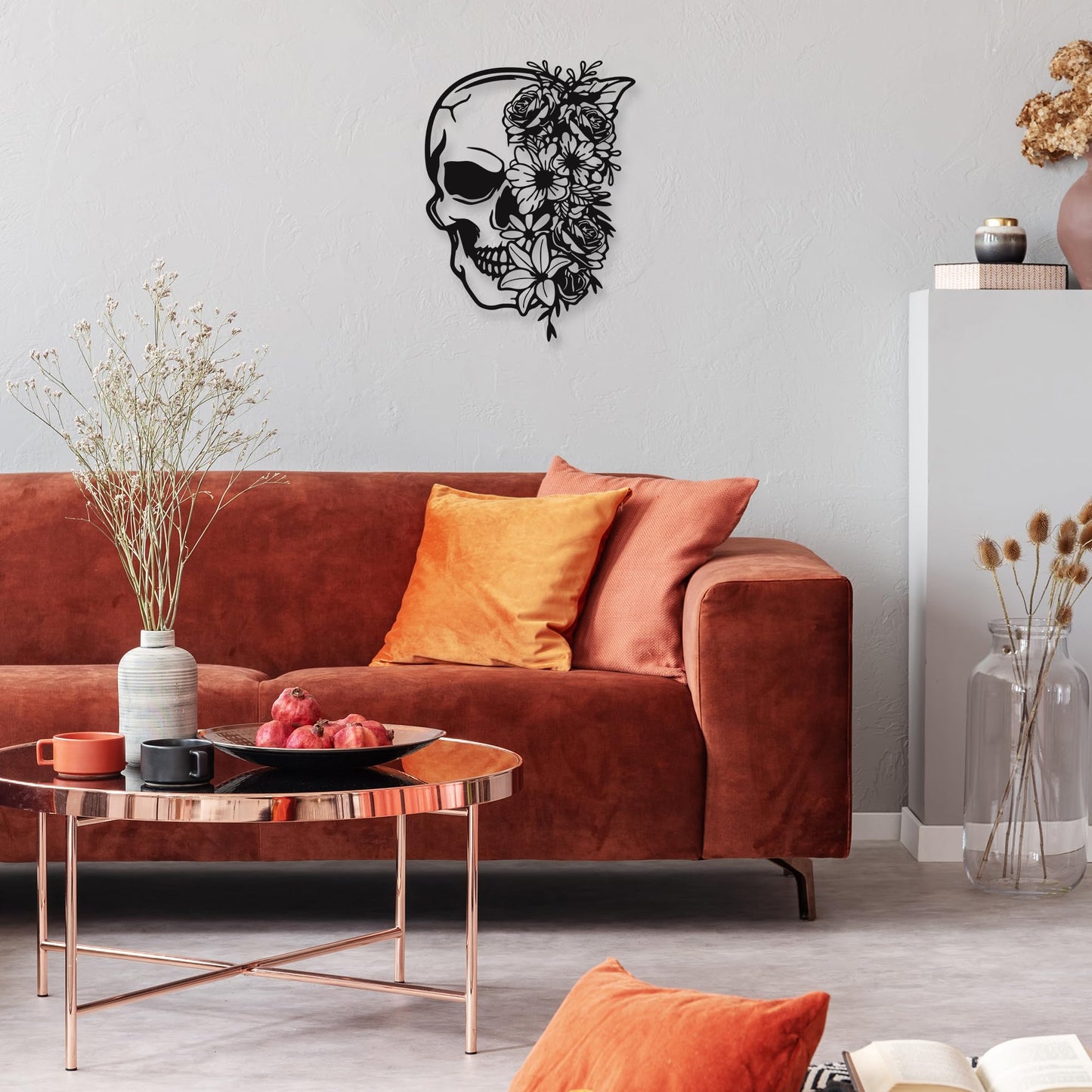 Rajukit Skull Wall Decor with Floral Accents - Gothic Wall Art 3D Metal Sculpture for Home, Halloween Decorations Outdoor & Goth Room Decor - Skeleton Eclectic Wall Art（14.4''x10.7''）