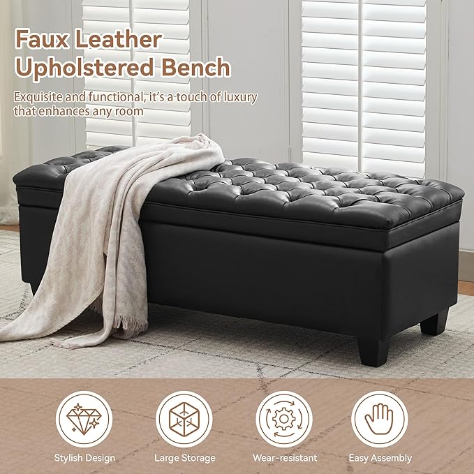 WUTUTUEE 50" Faux Leather Storage Ottoman Bench, End of Bed Upholstered