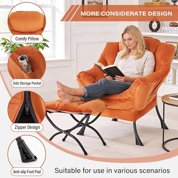 MBOOYOME Lazy Chair with Folding Ottoman, Modern Accent Armchair with Armrests