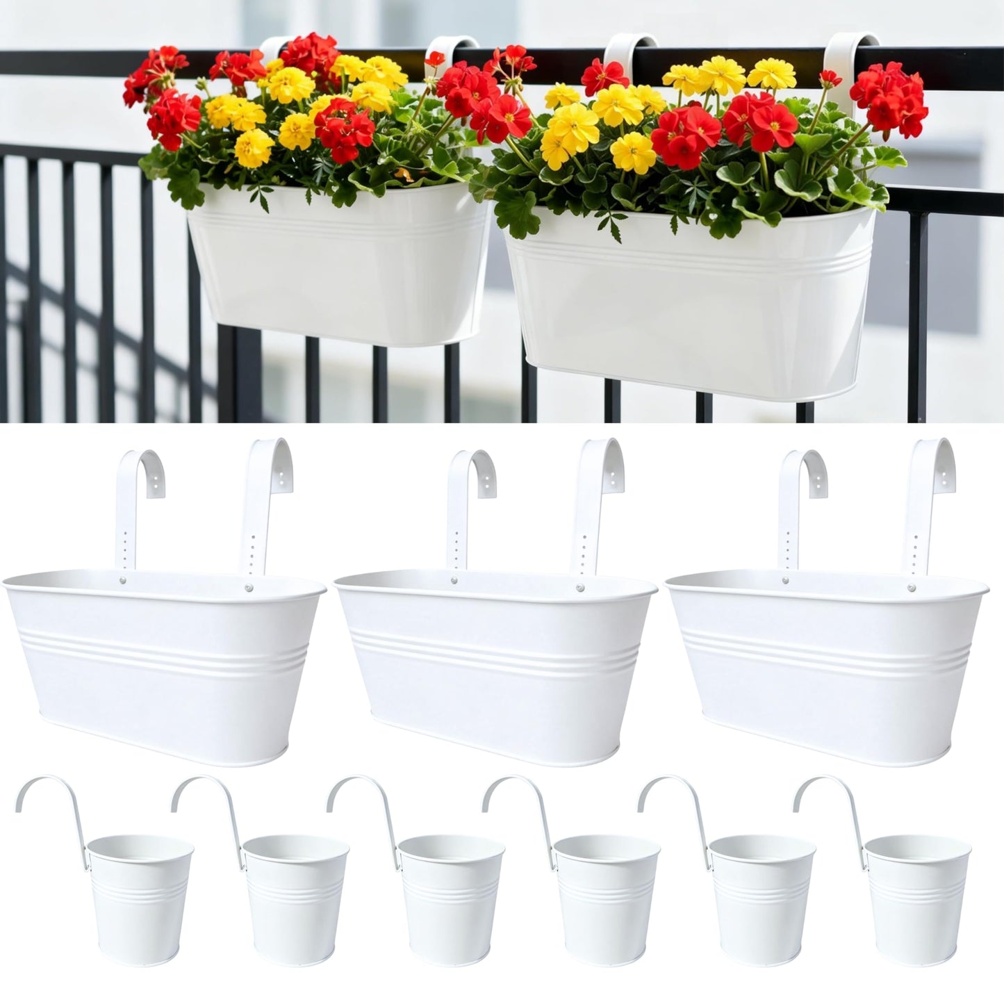 LaLaGreen 11.8 Inch Rail Planter (9-PIECE Combo Set) White Metal Outdoor Railing Fence Planters, Modern Plants Hanging Balcony Gardening for Apartment Garden Style Iron Patio Flower Pots Deck Porch
