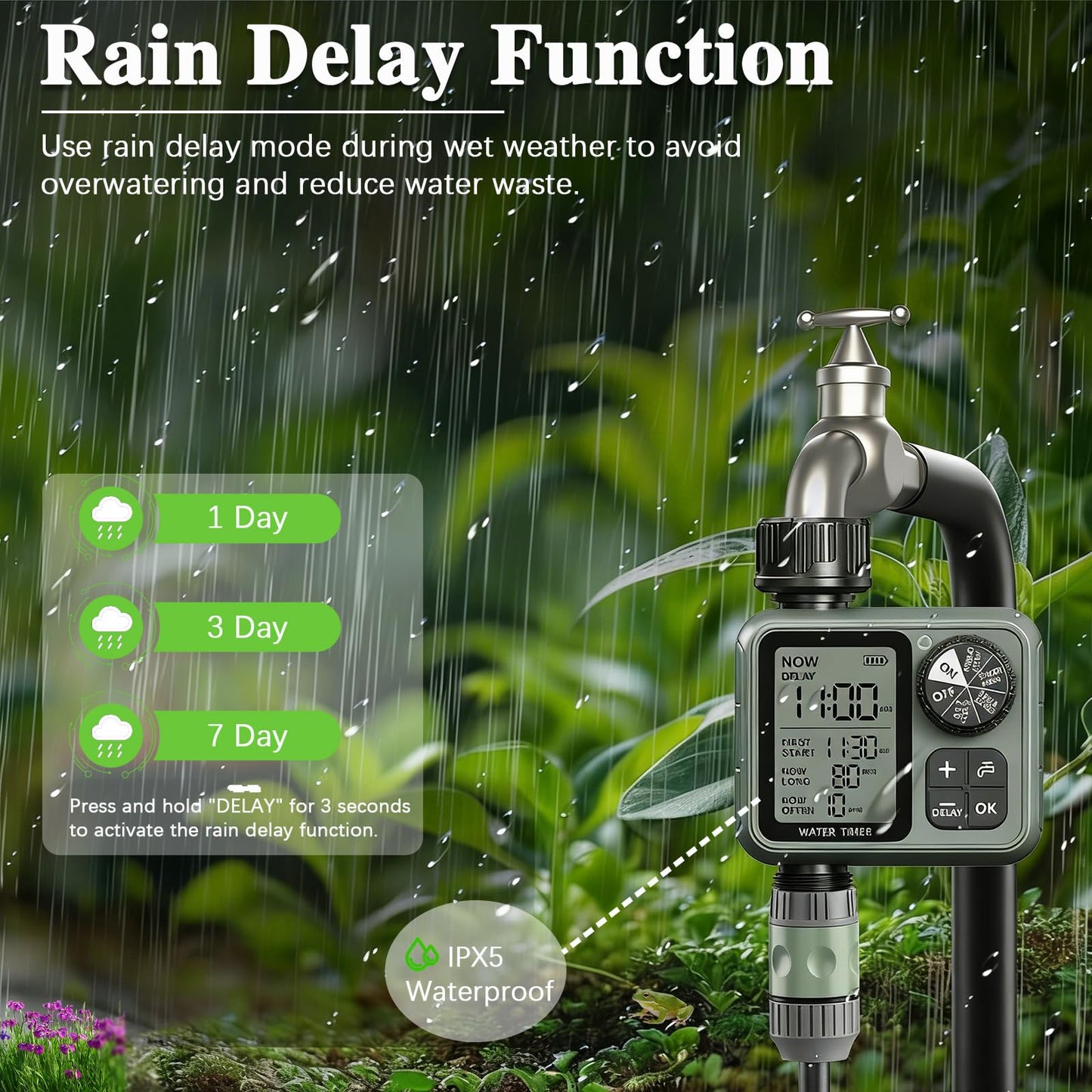Sprinkler Timer Ourdoor,Digital Pogrammable Hose Timers with Rain Delay/Manual/Automatic Hose Timers for Watering,Smart Water Timer for Garden Hose with Large Display for Garden, Lawn, Yard