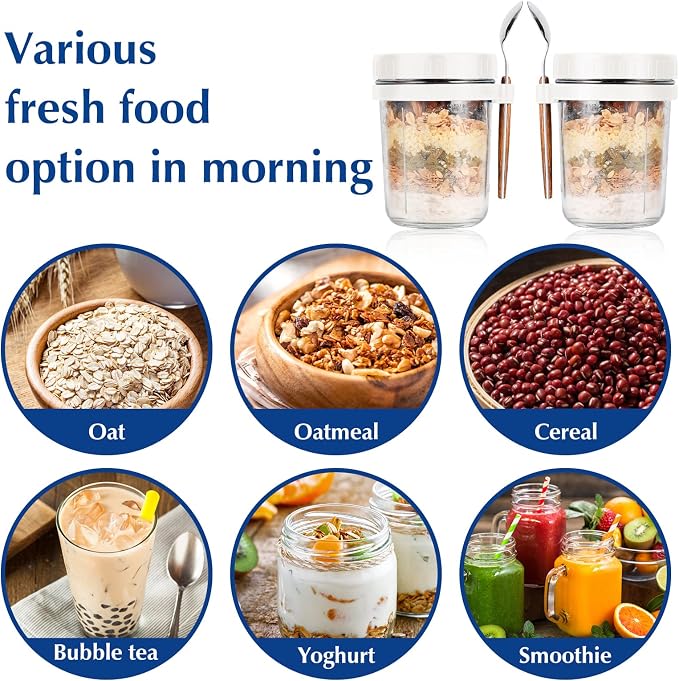 PFUM Overnight Oats Jars with Spoon and Lid 16 oz [2 Pack], Airtight Oatmeal Container with Measurement Marks, Mason Jars with Lid for Cereal On The Go Container (2pcs white)