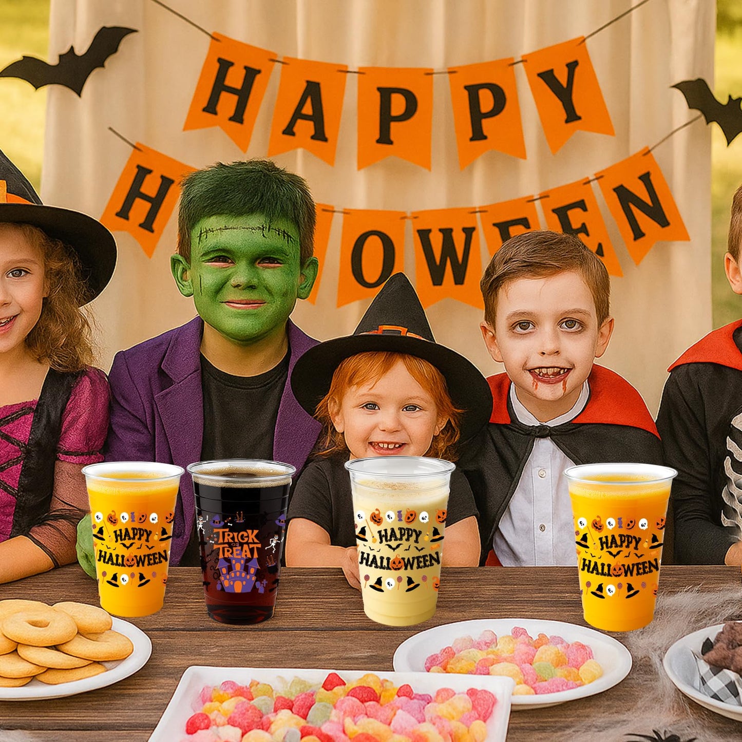60PCS 16oz Halloween Cups – Disposable Plastic Happy Halloween and Trick or Treat Cups with 2 Unique Designs for Party Supplies, and Drinks