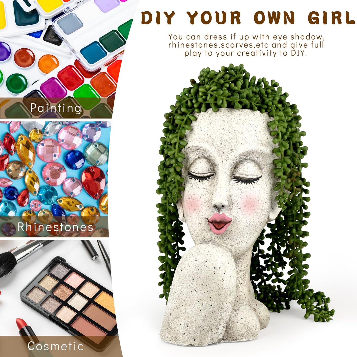 FIMOFIDRE Face Head Planter Pots for Indoor Outdoor Plants Large Flower Pots Unique Succulent Planter with Drainage Hole Creative Lady Pot Resin Women Statue Vase Garden Decor- 11.4 x 8.7 x 5.5 Inch
