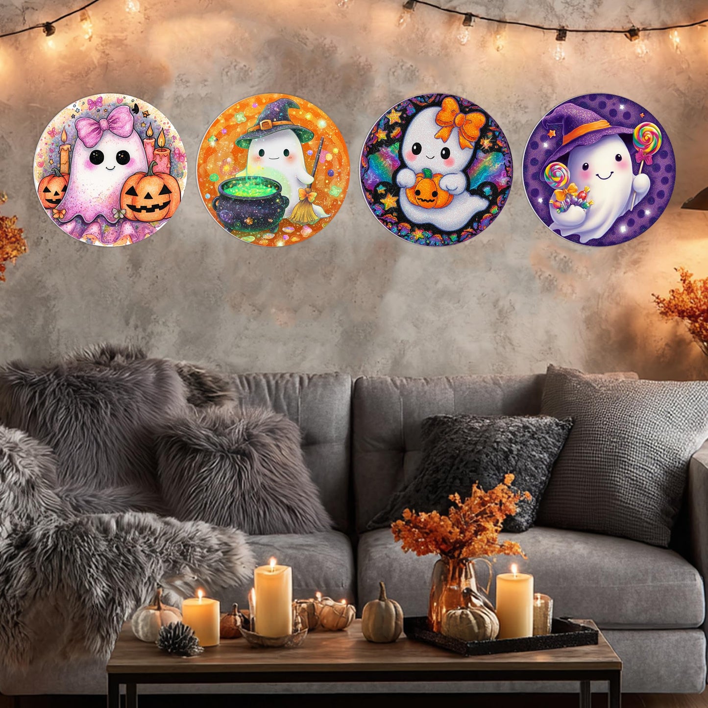 TracyArt Halloween Wall Decor, Horror Gifts - Cute Ghosts, Halloween Poster, Horror Decor, 4 pcs 12"