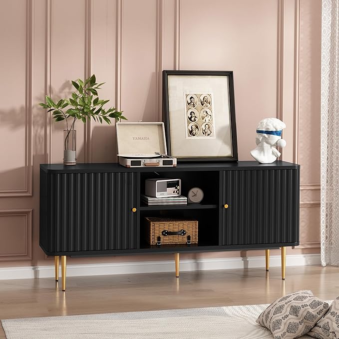 ARTPOWER 55” Fluted TV Stand, Mid Century Modern Black TV Stand