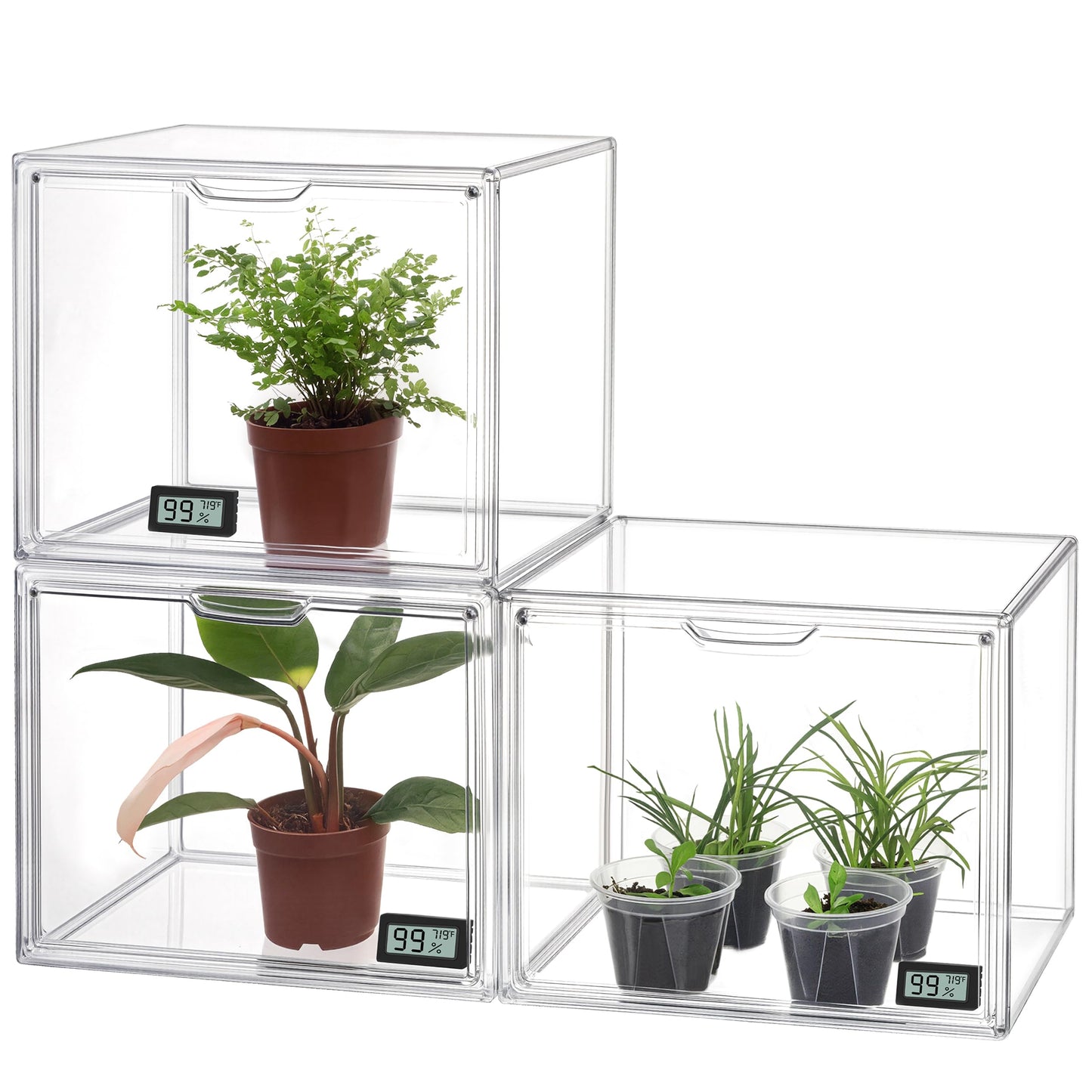 HBlife Mini Greenhouse for Indoor, Clear Stackable Green House with Magnetic Waterproof Door for Small Plants Nursery Germination and Display, Tabletop Portable Greenhouse, 14.1x8.6x10.6 Inch (3 Pack)