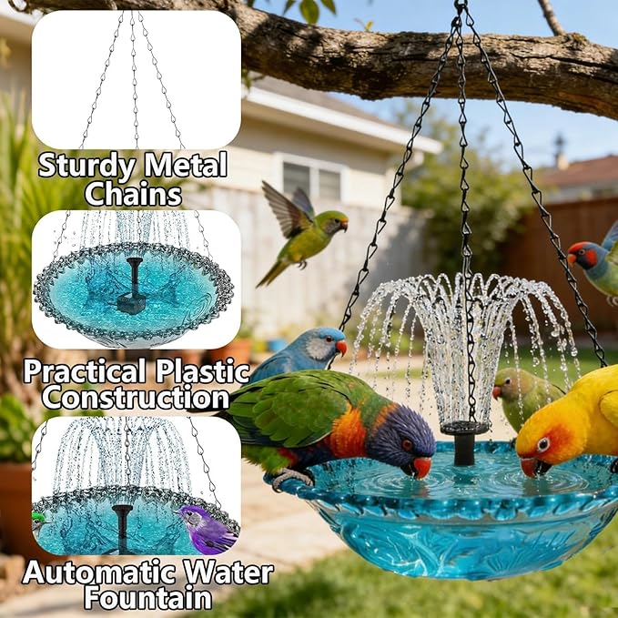 Hanging Solar Bird Bath Fountain with Solars Pump & Bowl & Chains Large Humming Solar Water Fountains with Flowing Water for Outdoor Garden Backyard Patio Lawn(Purple)