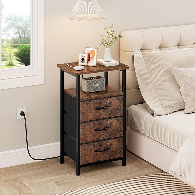 Vagusicc Nightstand with Charging Station, Bedside Table with USB Ports and