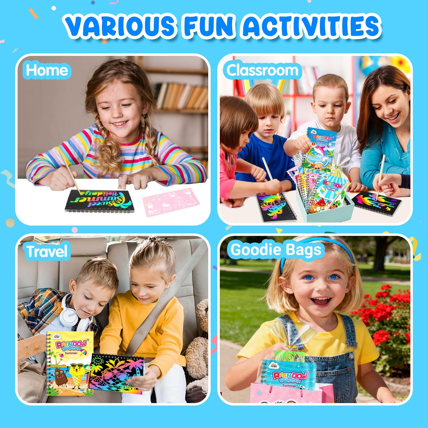 ZMLM 24 Pack Scratch Art Party Favors: Birthday Party Favors for Kids 4-8, Bulk Rainbow Scratch Notebook Paper Pads, Goodie Bags Stuffers Girls Boys Classroom Gifts Crafts Toys(Summer)