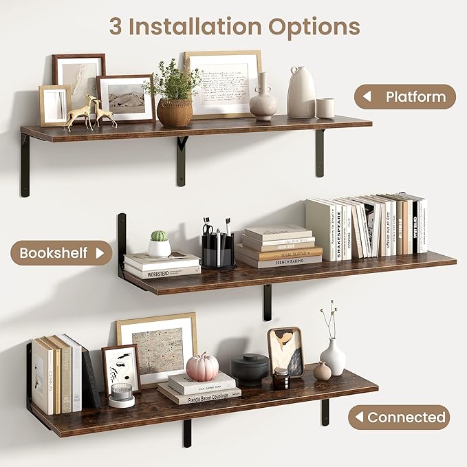Fun Memories Rustic Brown 12 Inch Deep Floating Shelves Set of 2, Wall Mounted