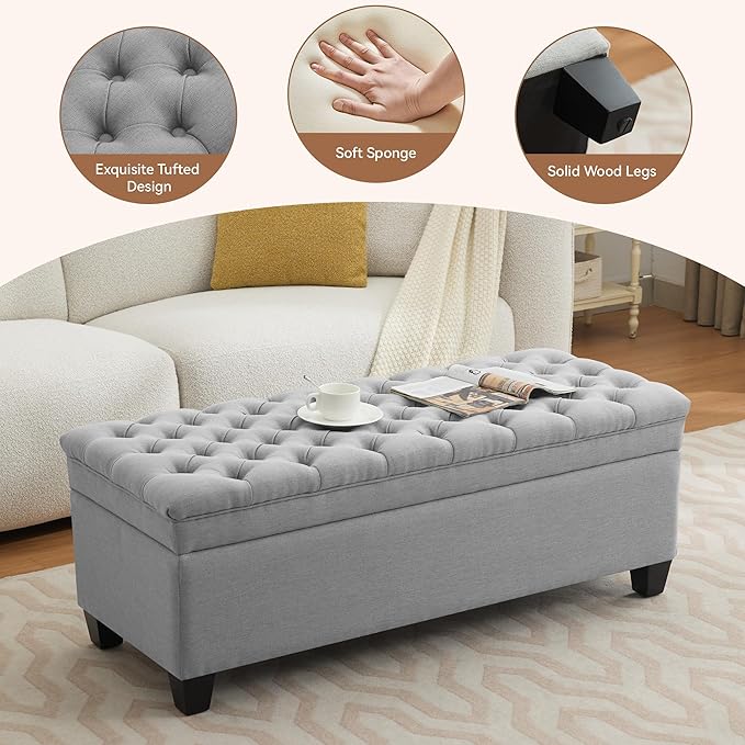 WUTUTUEE 51" Fabric Storage Ottoman Bench, Upholstered Rectangle End of Bed