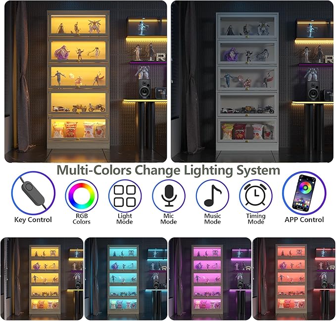 Display Cabinet with Acrylic Glass Doors, 5-Tiers Curio Cabinet with LED
