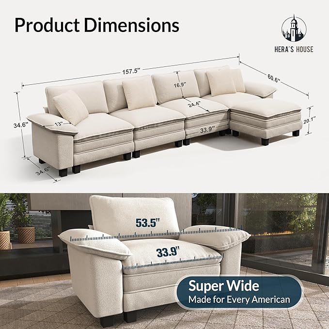HERA'S HOUSE 158" Modular Sectional Sofa, Oversized L Shaped Couches