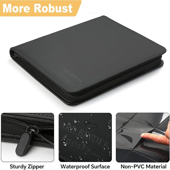 12-Pocket Business Card Binder holds 720 Cards, Premium Diamond Texture PU Leather Name Card Holder Organizer with Zipper, Black Sleeves Side Loading Card Book for Collectors & Office