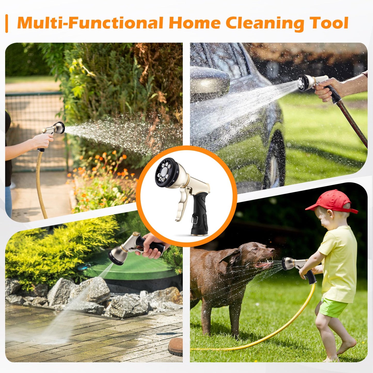 Garden Hose Nozzle, Heavy Duty Metal Hose Sprayer, High Pressure Rust Resistant Water Hose Nozzle with Lockable Trigger, 9 Spray Patterns for Car Pet Washing, Plants & Lawns Watering, Outdoor Cleaning