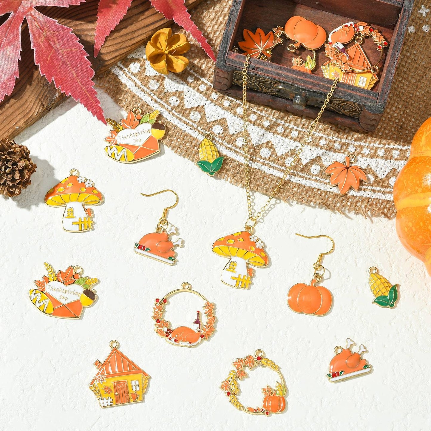 Ipotkitt 18pcs 9 Styles Thanksgiving Themed Enamel Charms Leaf Pumpkin Metal Charms Autumn Forest Hanging Ornaments for DIY Craft Bracelet Key Jewelry Making