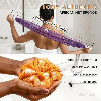 ARCH&M Authentic African Net Sponge Afro Scrub | 53" Long Exfoliating Back Scrubber, Quick-Dry Shower Loofah, For Women and Men Daily Use, Gentle on Sensitive Skin