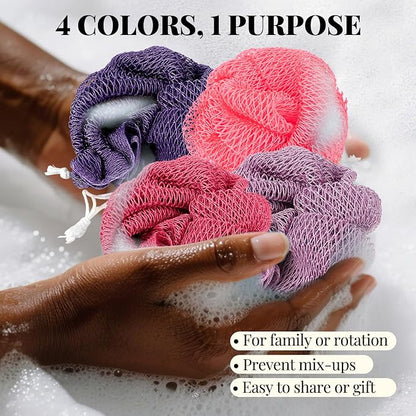 African Net Sponge Authentic-4 Packs African Exfoliating Net Sponge,Bath Sponges for Shower,42 inch Long for Normal to Sensitive Skin, Body Exfoliator Shower -Light Purple,Purple,Light Pink,Neon Pink