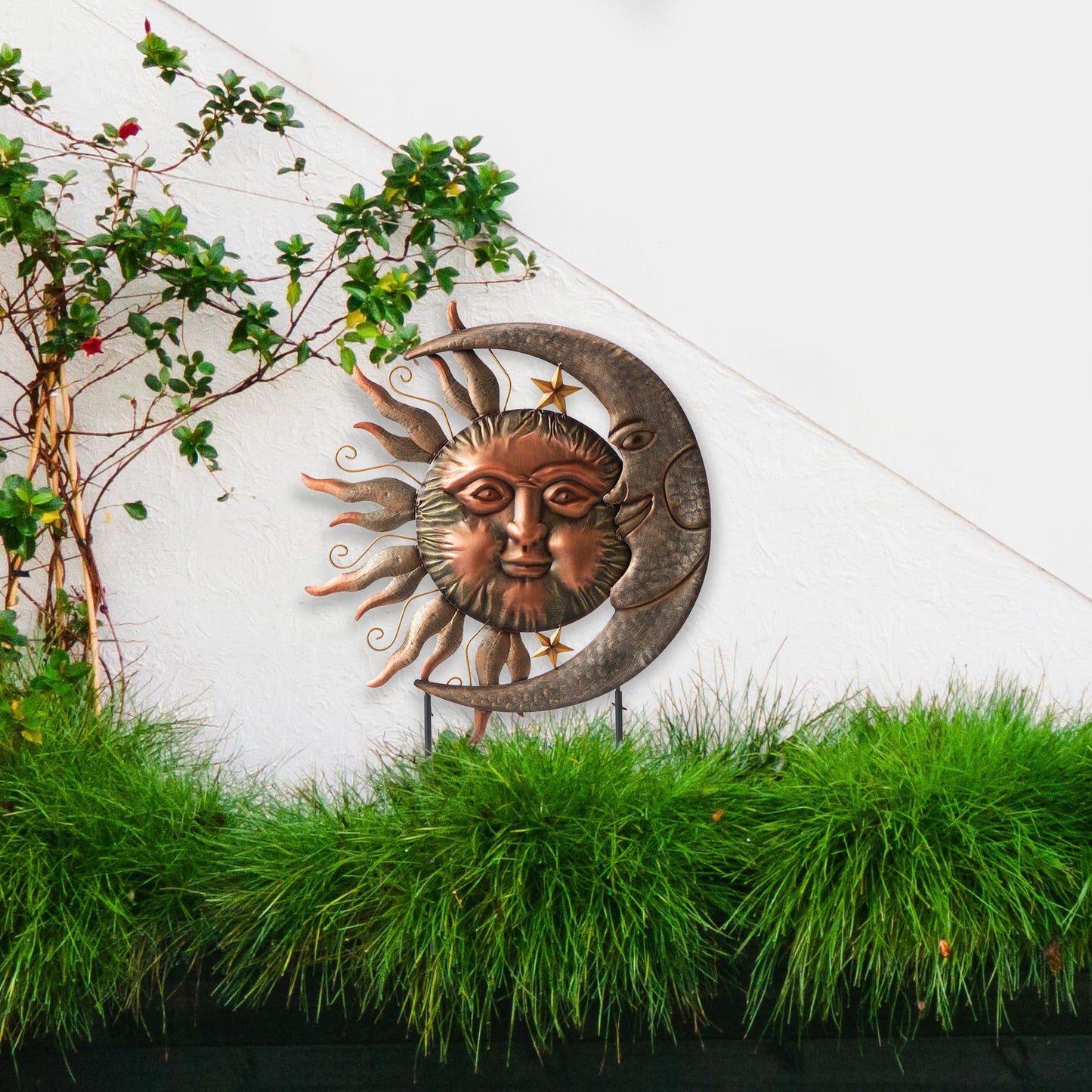 Glitzhome Metal Sun and Moon Wall Decor, Garden Yard Stake with Celestial Outdoor Sculpture Design, Bronze Copper Rustic Art for Patio Lawn Spring Landscape Decoration
