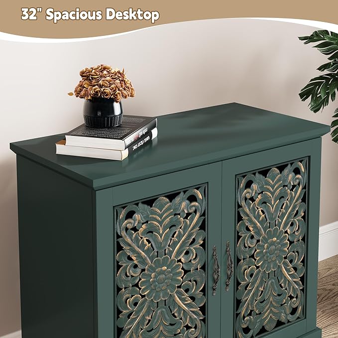 ARTPOWER Accent Cabinet with 2 Doors, Vintage Carved Wood Storage Cabinet