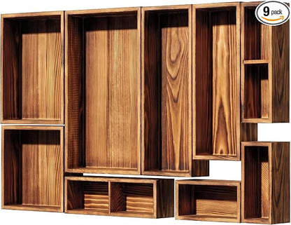9-Pack Solid Wood Junk Drawer Organizer, Modular Desk Drawer Tray & Accessories with Non-Slip Pad, Multi-Use for Kitchen, Office, Bedroom Dresser, Utensil, Makeup, Stationery, Tea Bags & Coffee Pod