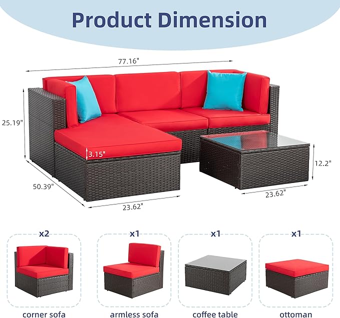 Vongrasig 5 Pieces Small Patio Furniture Sets, All-Weather Outdoor Sectional
