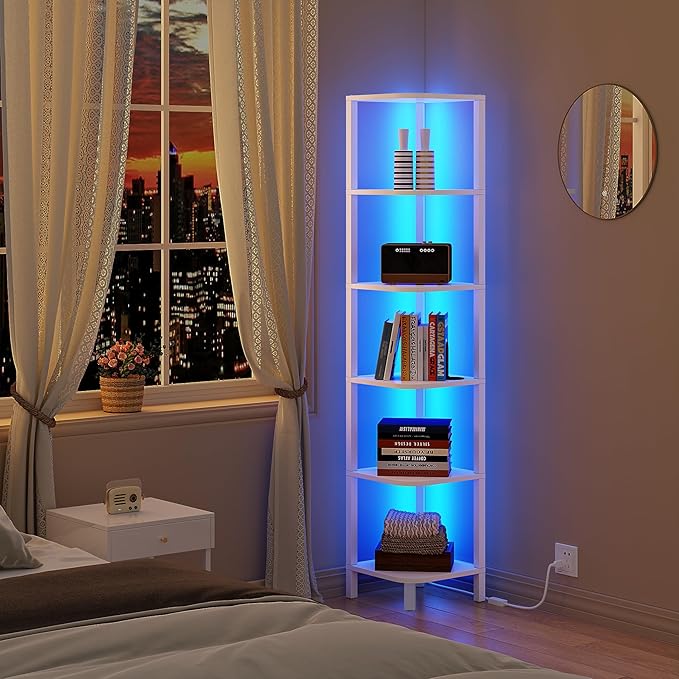 TUTOTAK Corner Shelf with LED Light, 6-Tier Corner Bookshelf
