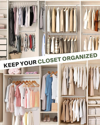 Hanging Closet Rod, 2 Pack Adjustable Height & Width Closet Rods for Hanging Clothes-Closet Extender Hanging Rod Space-Maximizing Design Suitable for Hanging and Drying Clothes, Silver