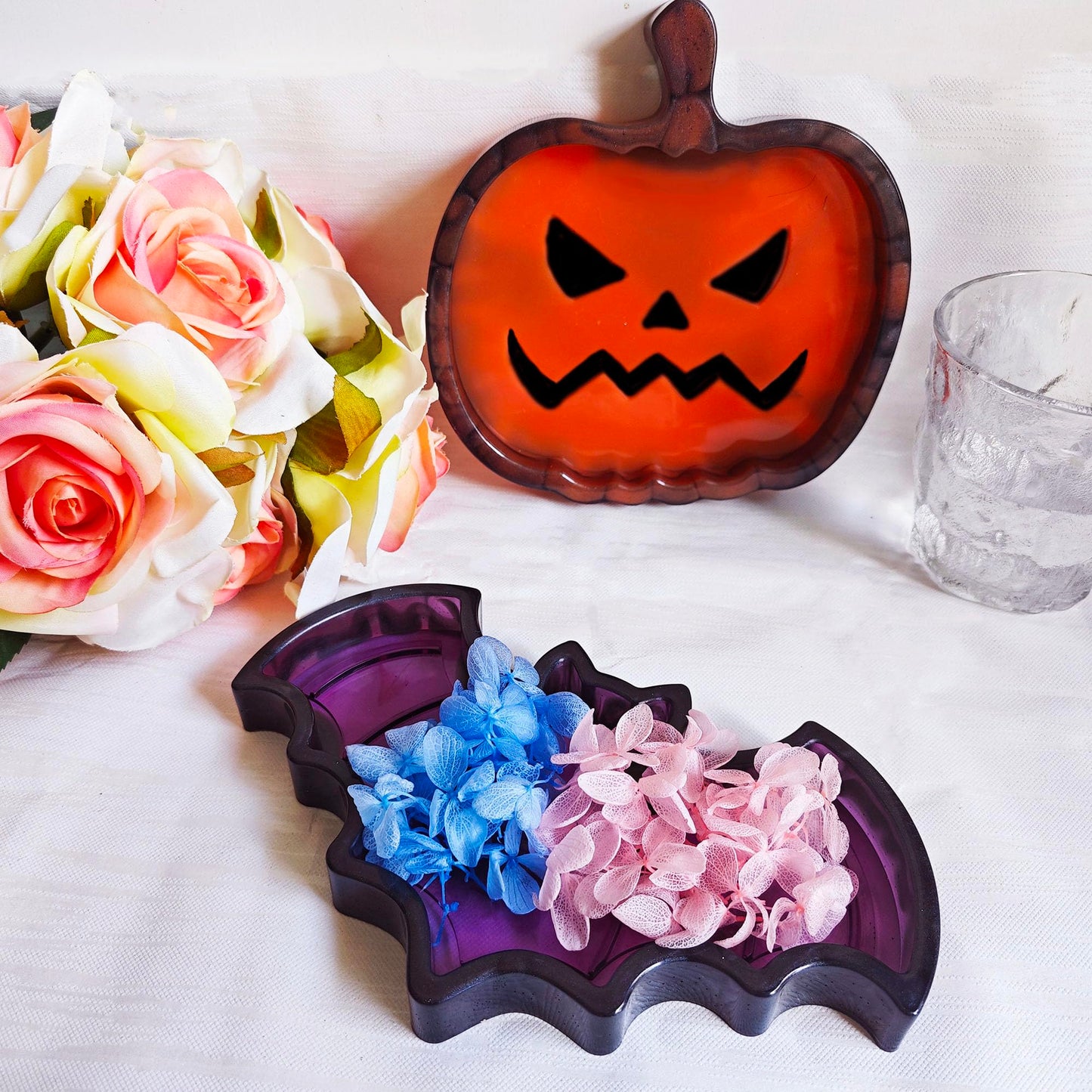 2 Set of Bat Pumpkin Tray Storage Resin Mold Molds Epoxy Resin Pumpkin Bat Shaped Halloween Tray for Fruit Candy Jewelry Cup Holder Container, DIY Making Decor Art Crafts