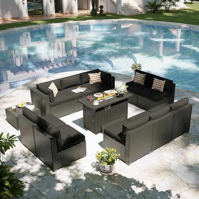 Aoxun Patio Furniture Set with Fire Pit Table, 12 Piece Outdoor Sectional Sofas