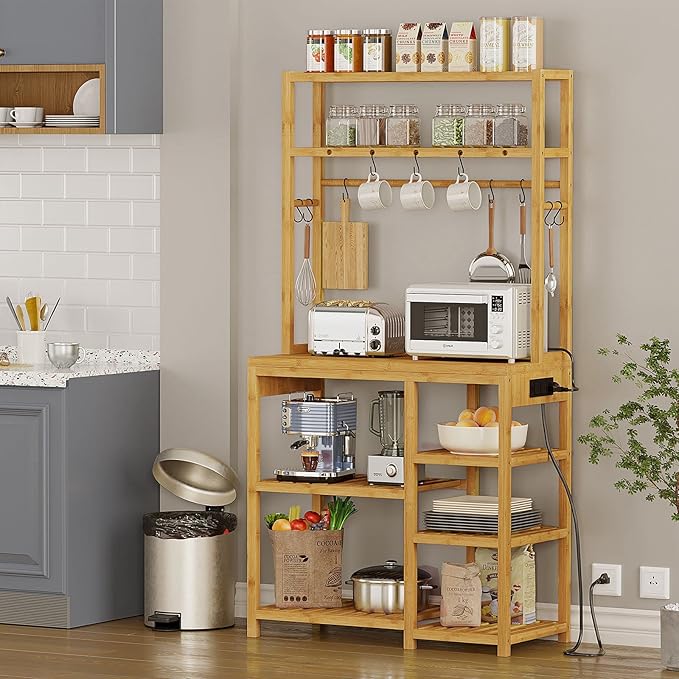 Bakers Rack with Power Outlets, 8-Tier Microwave Stand, Kitchen Utility Storage