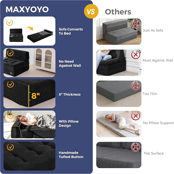 MAXYOYO 8" Folding Sofa Bed, Fold Out Chair Bed Sleeper Chair, Convertible