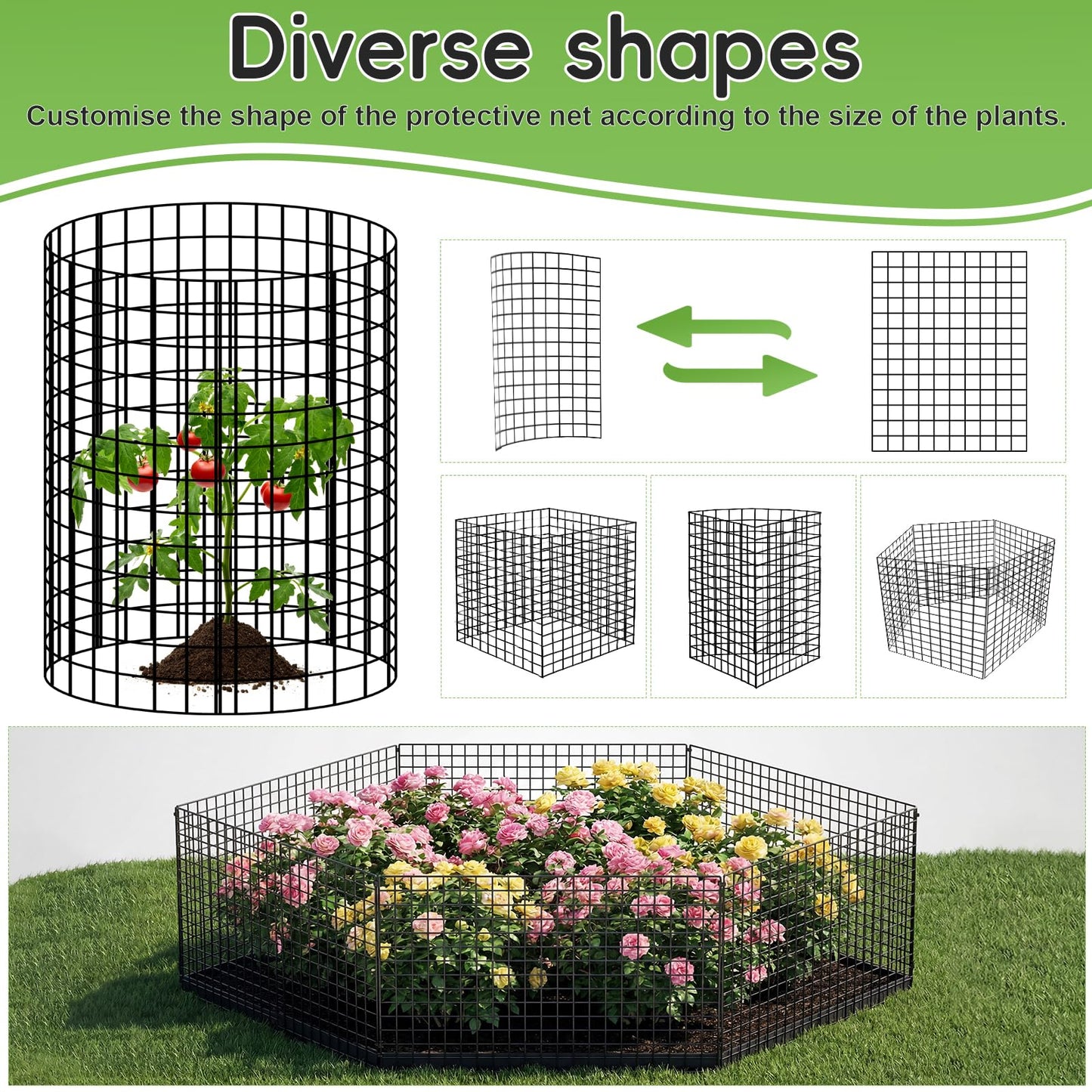10 Packs Plant Protectors from Animals, 30Pcs 12"x 16" Large Metal Wire Mesh Garden Plant Cages for Outdoor Gardening, Chicken Wire Cloche Plant Cages for Rabbits with Zip Ties & Stakes(Black)
