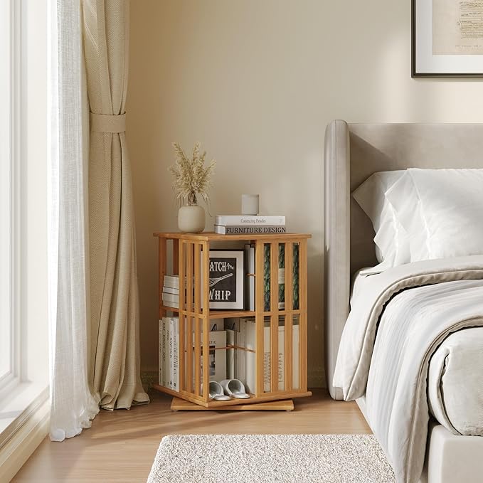 YOWOS Rotating Bookshelf Tower, 360° Display Spinning Bookcase, Bamboo