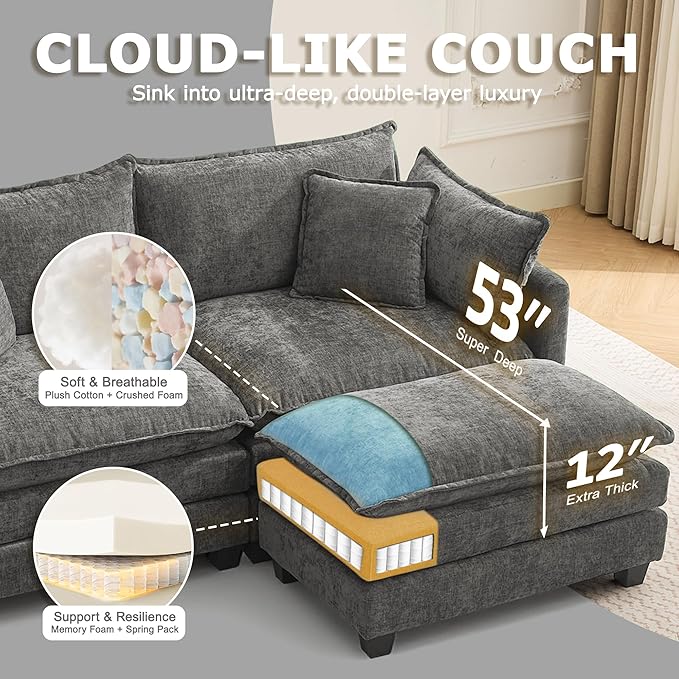 113” Modular Sectional Sofa, L Shaped Cloud Couch