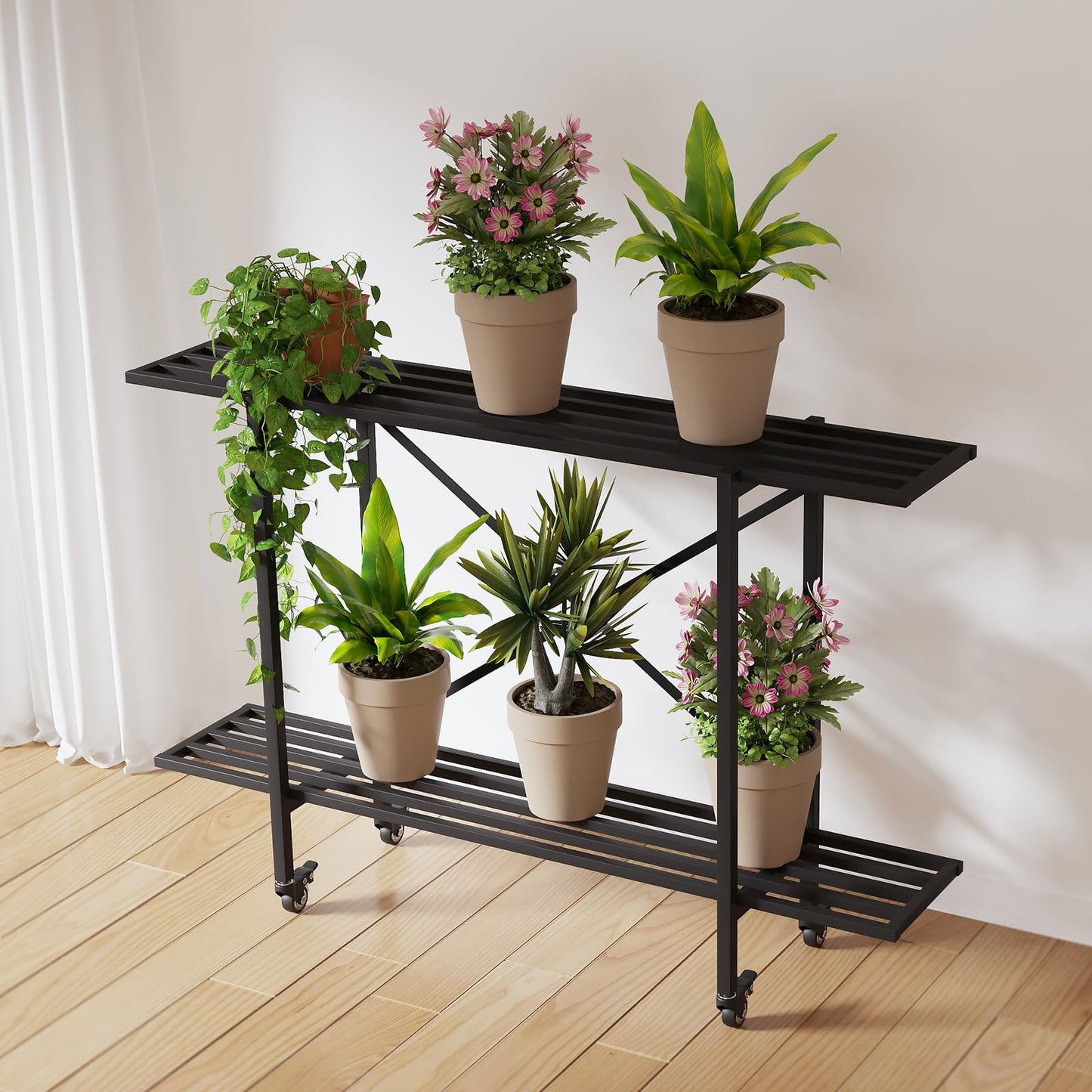 Zhongma 2 Tier Window Height Metal Sturdy Narrow Plant Stand with Wheels, Plant Stand Indoor and Outdoor, L45.67 x W10.3 x H29.9 inch, 440 LBS Capacity & Heavy Duty Construction.