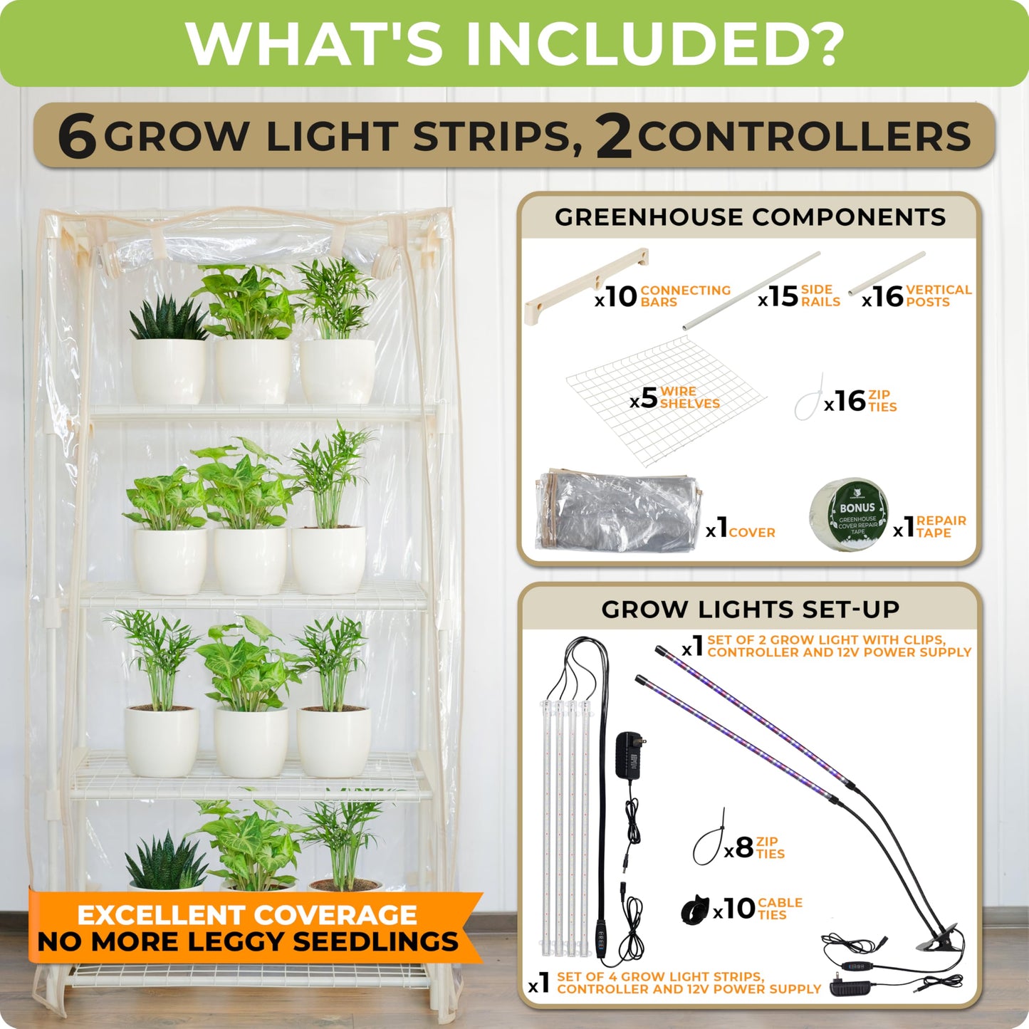 CARPATHEN Seed Starter Tray -Seed Starting Tray with Humidity Dome and 80 Peat Pots + Indoor Greenhouse with Grow Lights - with 2 Dimmable 15W Full Spectrum LED Light Strips and Spectrum Control