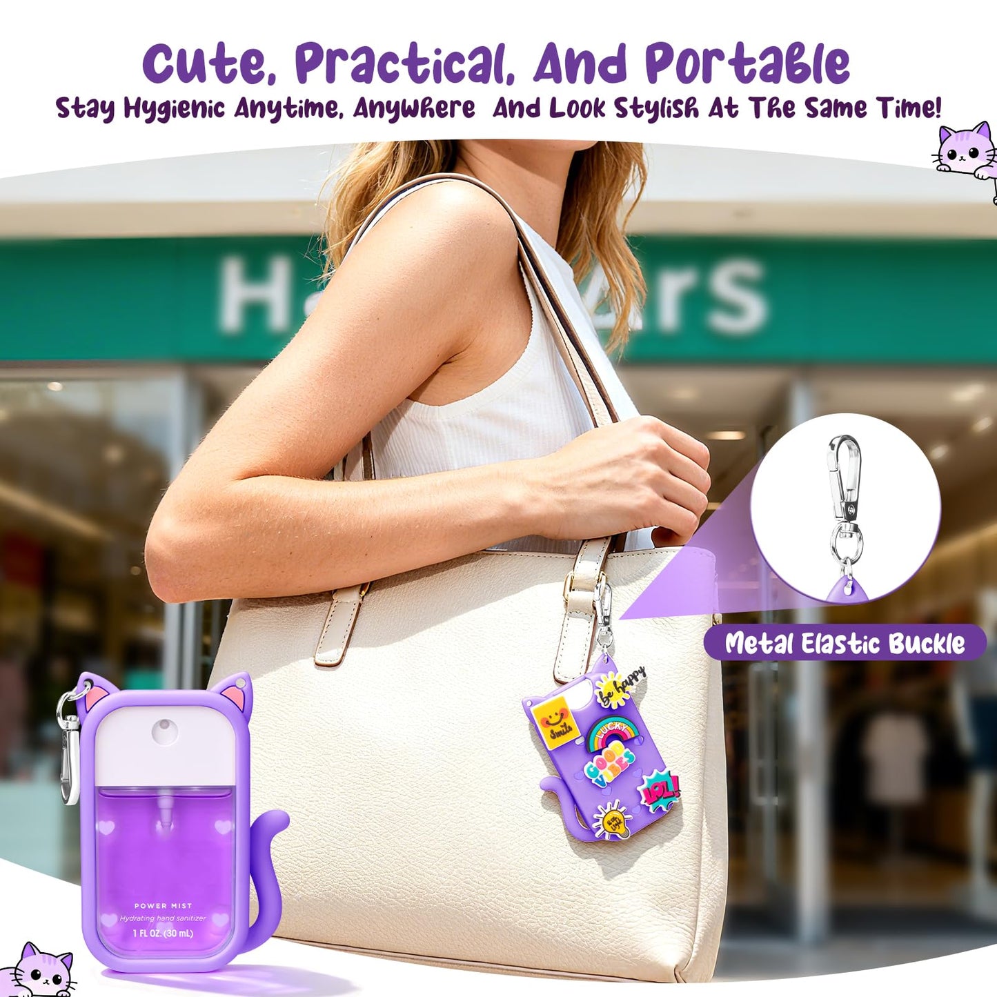 Cat Silicone Case for Touchland Hand Sanitizer Spray with Keychain, Compatible with Power Mist & Glow Mist 1 FL Oz/30ML for Touchland Case, with Charms Accessory Cute Travel Cover Sleeve Purple